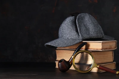 hat pipe and magnifying glass on books