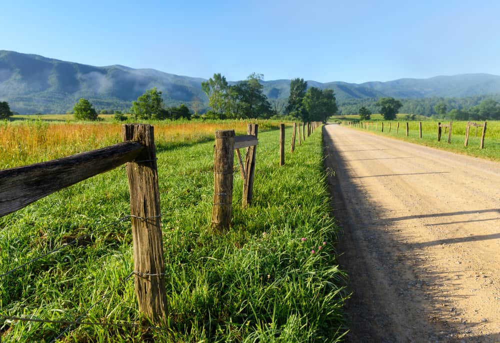 A fence lining the road in cades cove