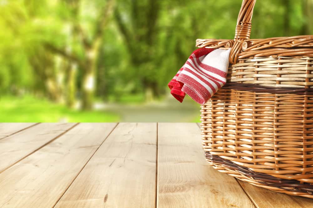 picnic basket sitting on a table in park