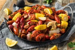 crawfish boil in a bowl with huge handles