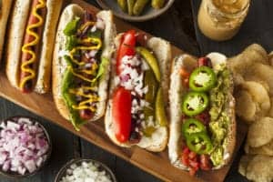 hot dogs with lots of toppings